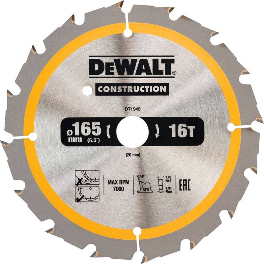 DeWalt Cirkelzaagblad voor Hout Construction Ø 165mm Asgat 20mm 16T DT1948-QZ
