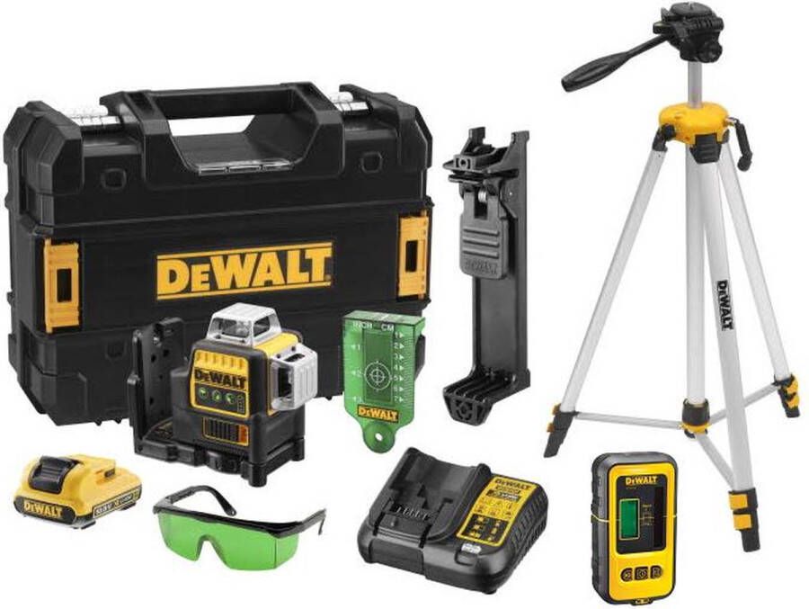 DeWalt DCE089D1GTRID 10.8V Li-Ion accu zelfnivellerende kruislijnlaser & ontvanger (DE0892G) & statief (DE0881) combiset (1x 2.0Ah accu) in koffer 3 lijnen 30m groen