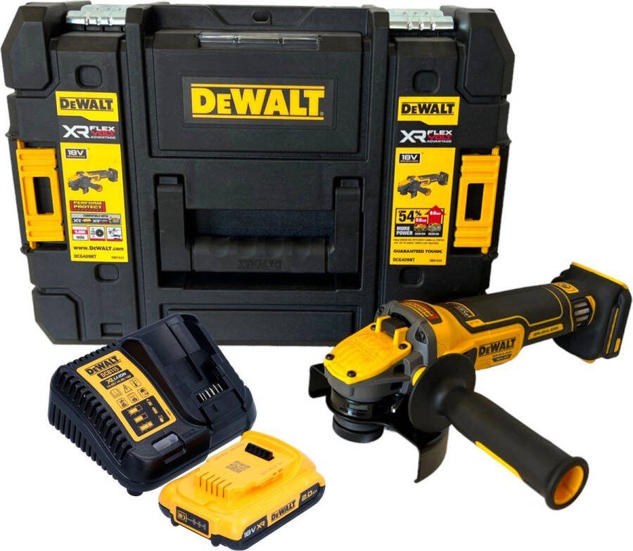 DeWalt DCG 409 D1T accu haakse slijper 18 V 125 mm borstelloos + 1x accu 2.0 Ah + lader + TSTAK