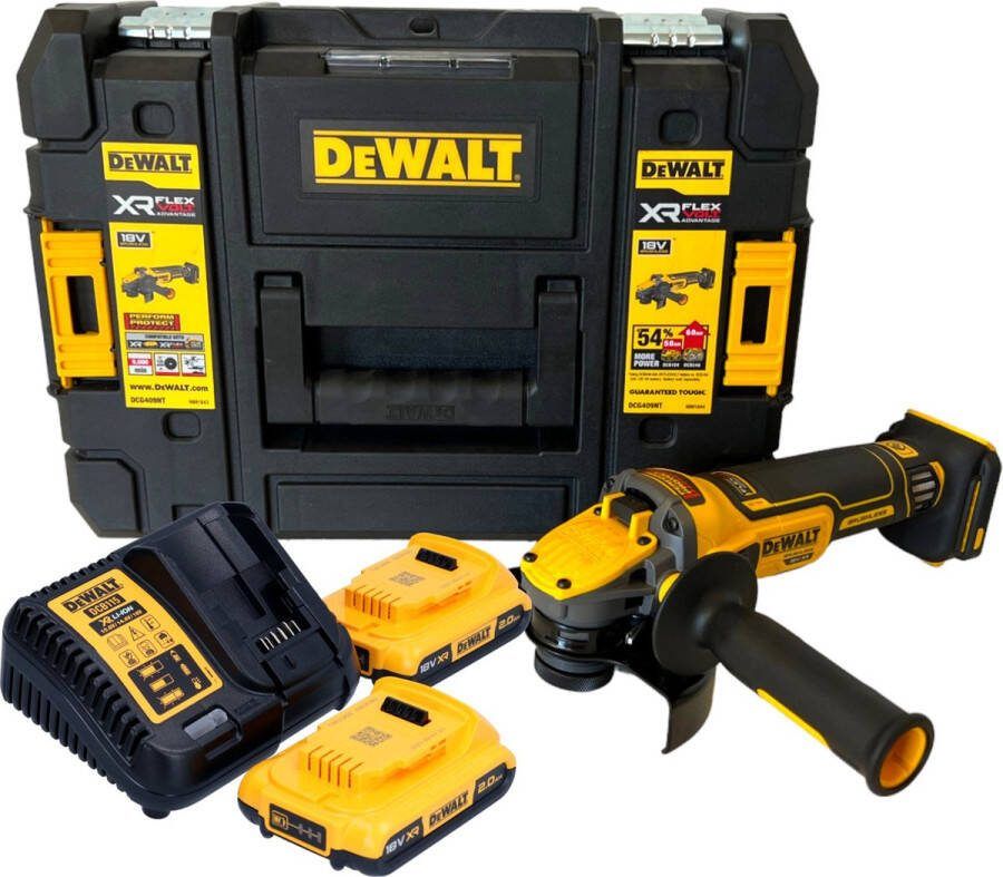 DeWalt DCG 409 D2T accu haakse slijper 18 V 125 mm borstelloos + 2x accu 2.0 Ah + lader + TSTAK