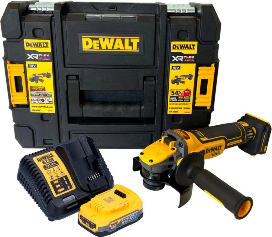 DeWalt DCG 409 E1T accu haakse slijper 18 V 125 mm borstelloos + 1x Powerstack accu 1.7 Ah + lader + TSTAK