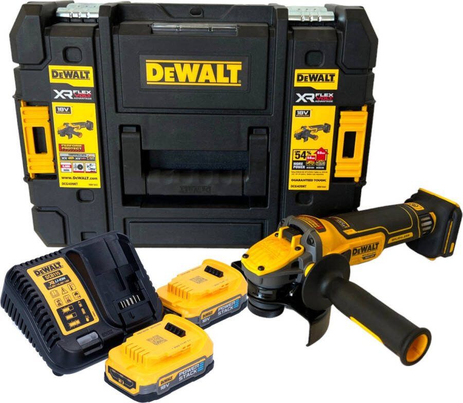 DeWalt DCG 409 E2T accu haakse slijper 18 V 125 mm borstelloos + 2x Powerstack accu 1 7 Ah + lader + TSTAK