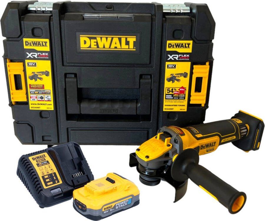 DeWalt DCG 409 H1T accu haakse slijper 18 V 125 mm borstelloos + 1x Powerstack accu 5.0 Ah + lader + TSTAK