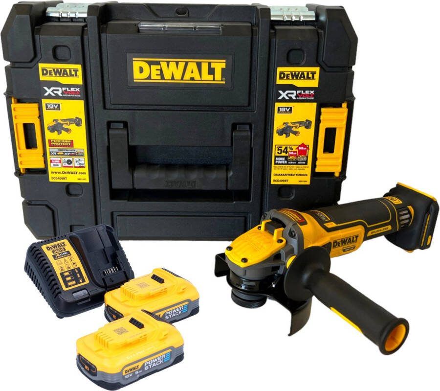 DeWalt DCG 409 H2T accu haakse slijper 18 V 125 mm borstelloos + 2x Powerstack accu 5.0 Ah + lader + TSTAK