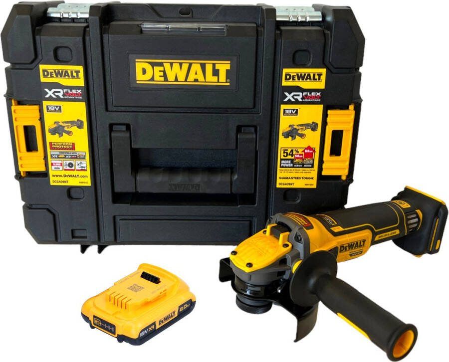 DeWalt DCG 409 NT accu haakse slijper 18 V 125 mm borstelloos + 1x accu 2.0 Ah + TSTAK zonder lader
