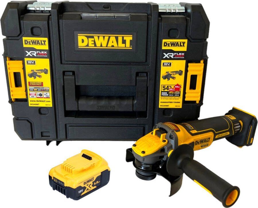DeWalt DCG 409 NT accu haakse slijper 18 V 125 mm borstelloos + 1x oplaadbare accu 5.0 Ah + TSTAK zonder lader