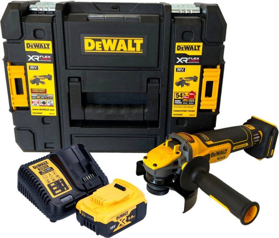 DeWalt DCG 409 P1T accu haakse slijper 18 V 125 mm borstelloos + 1x oplaadbare accu 5.0 Ah + lader + TSTAK