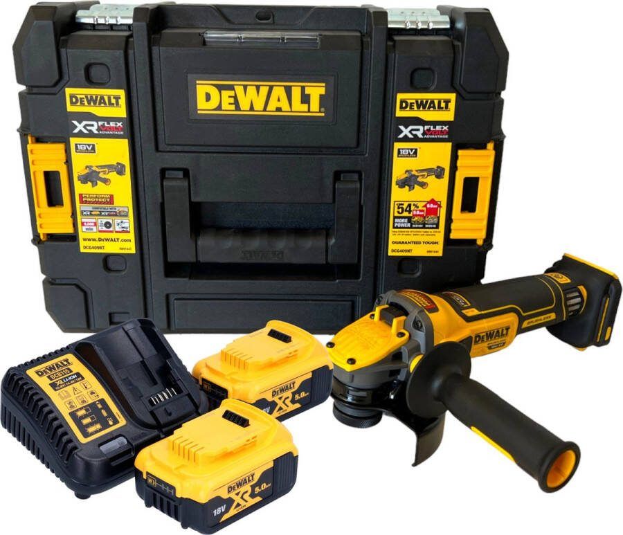 DeWalt DCG 409 P2T accu haakse slijper 18 V 125 mm borstelloos + 2x accu 5.0 Ah + lader + TSTAK
