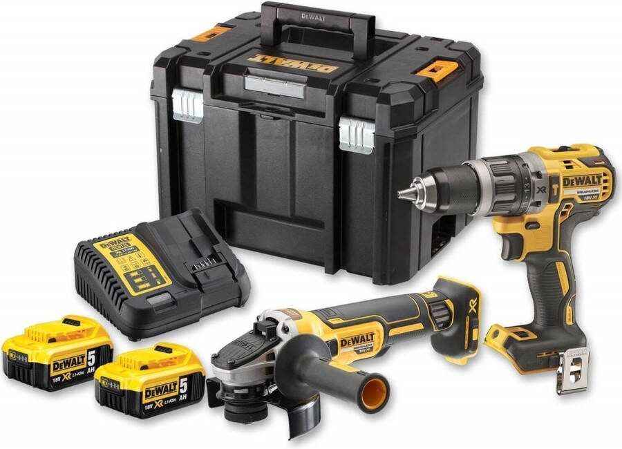 DeWalt DCK2020P2T-QW 18V Comboset Accuboormachine DCD791 & Haakse Slijper DCG405 2x 5Ah Accu's + Lader in T-Stak