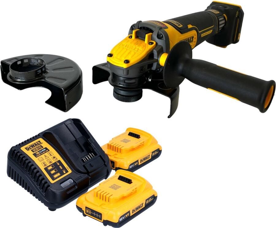 DeWalt DCG 416 VS D2 accu haakse slijper 18 V 125 mm borstelloos + 2x accu 2.0 Ah + lader