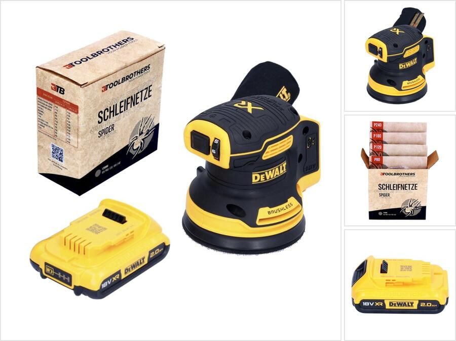 DeWalt DCW 210 N accu excenterschuurmachine 18 V 125 mm borstelloos + 1x oplaadbare accu 2.0 Ah + 1x Toolbrothers SPIDER schuurnetset zonder oplader