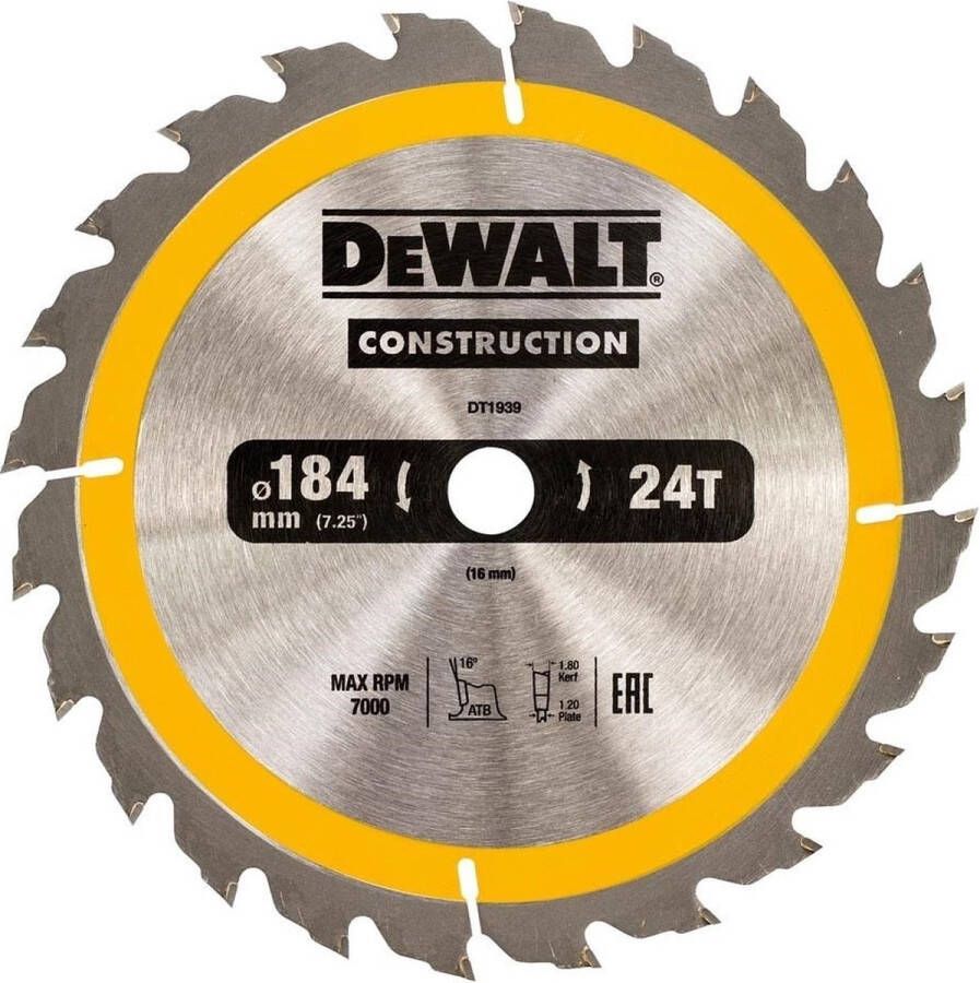 DeWalt Cirkelzaagblad voor Hout Construction Ø 184mm Asgat 16mm 24T DT1939-QZ