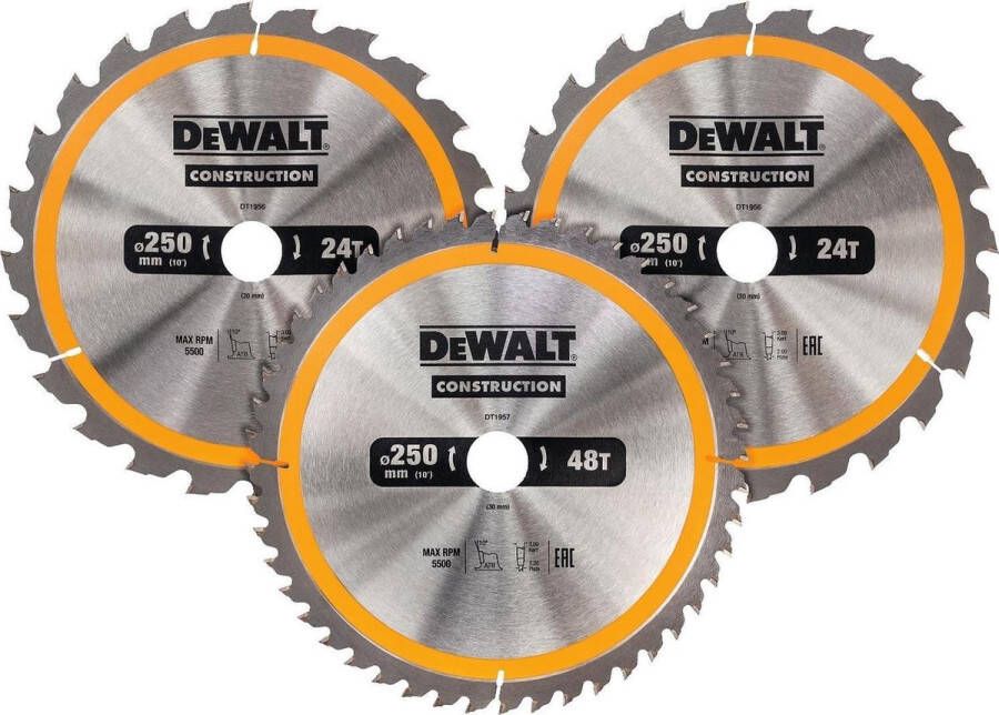 DeWalt DT1963 Cirkelzaagbladen Set 250mm (24T 24T48T 250 x 30mm)