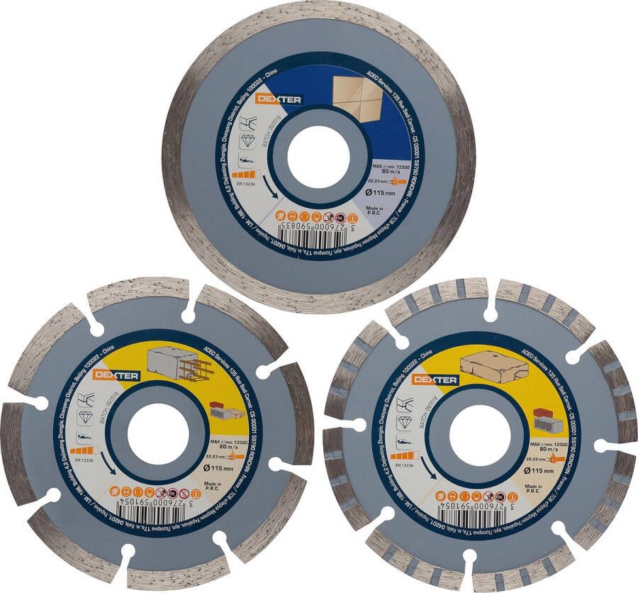 Dexter set van 3 diamantschijven Ø 125 mm voor beton keramiek steen haakse slijper boring 22 23 mm 13300 tpm diamantdoorslijpschijven voor schone snijkanten