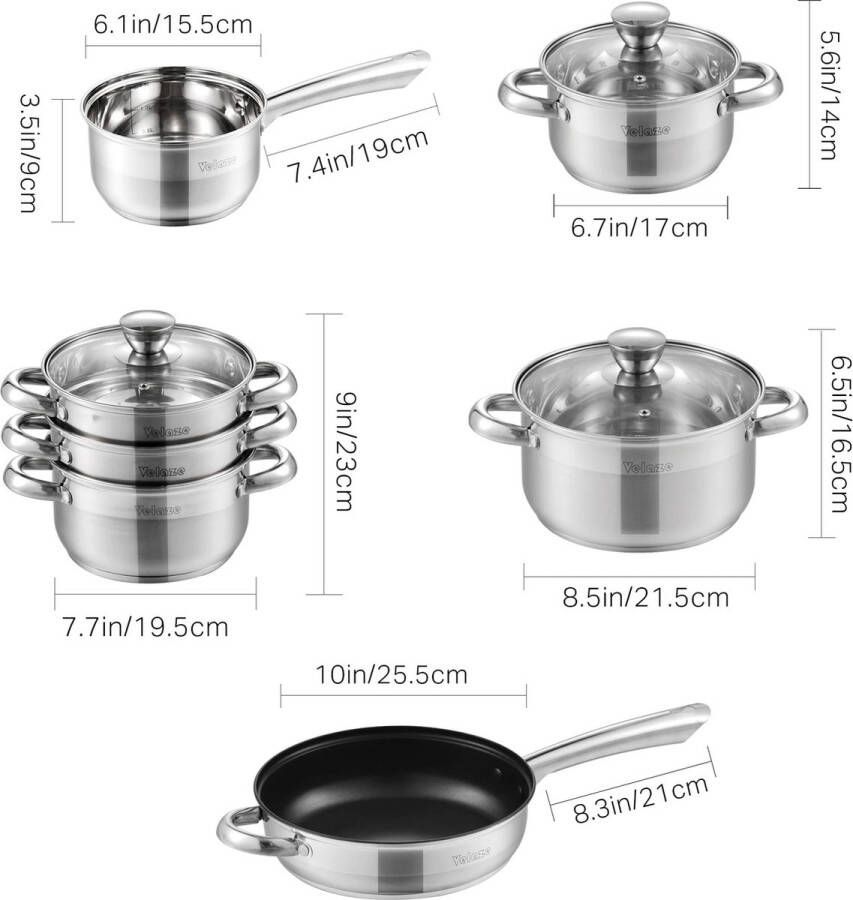 Deze informatie volgt later Amalee Kookgerei Set Roestvrijstalen 10 Delige Pannenset Keuken Kookpot & Pan Set Steelpan Braadpan Stomer Glazen Deksel Geschikt voor inductie
