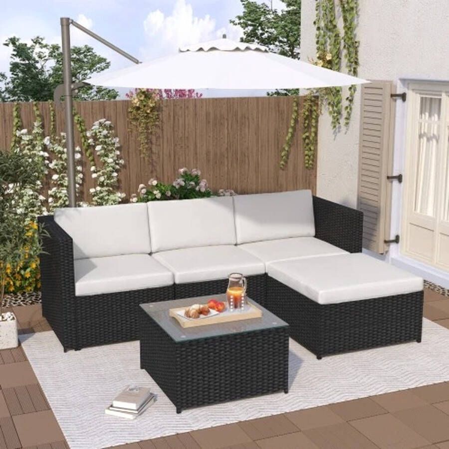 Deze informatie volgt later Amalee Tuin Lounge Tuinset Meubels Set Hand Geweven Hoekbank Met Kussens Glasplaat Zwart Wit UV Coated Waterdicht Bestand tegen vlekken