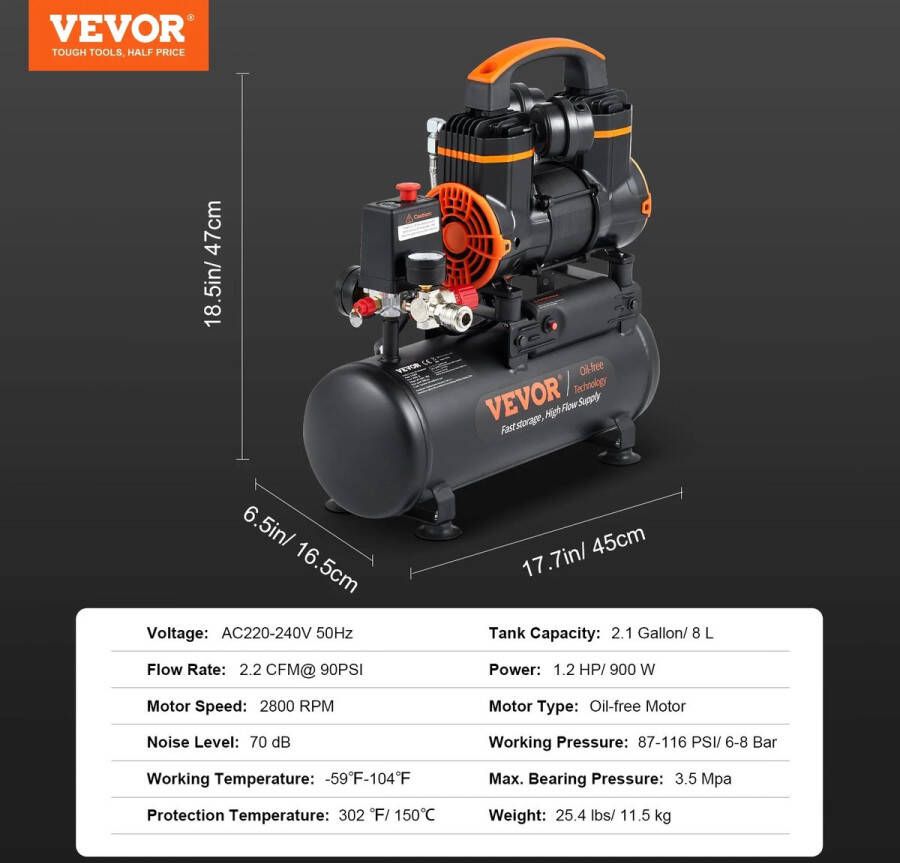 Deze informatie volgt nog Chuvie Compressor 8L 900W Stille persluchtcompressor olievrije compressor