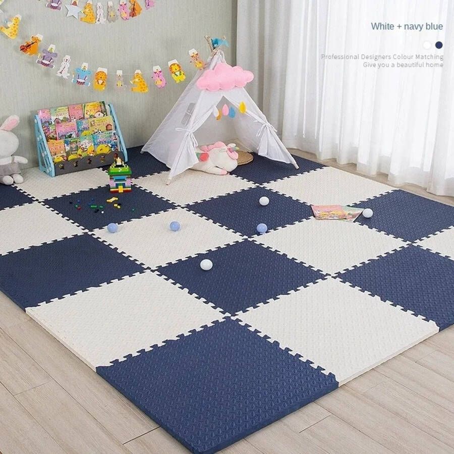 DHDH Baby Speelmat 16 stuks Baby en Peuters anti-slip Foam Speeltapijt Puzzelmat- Shock absorptie Wit en Donkerblauw