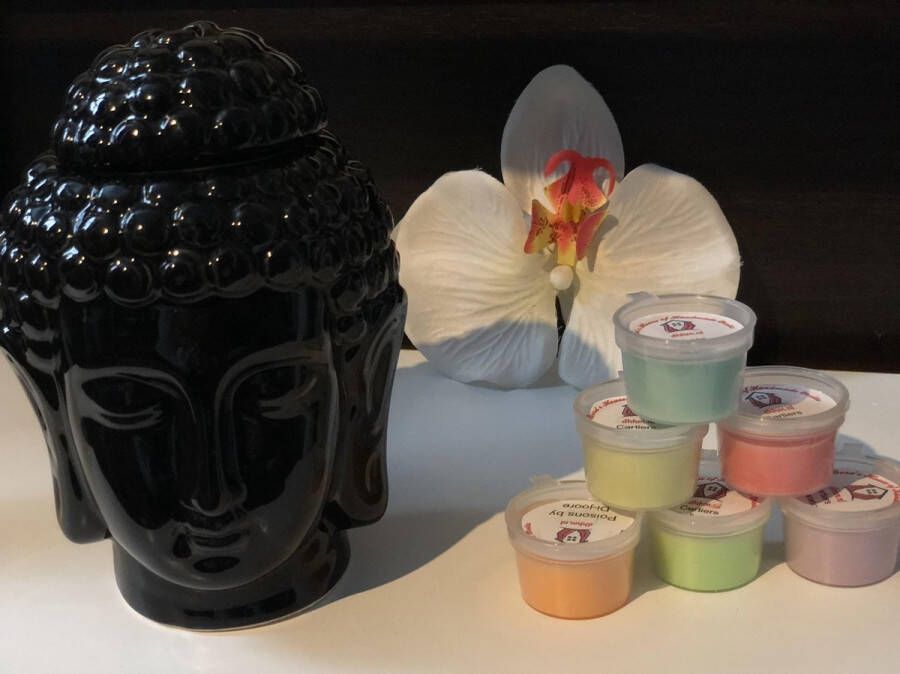 DHHM Wax Melts (parfum)geuren verrassingspakket met 10 geuren incl. Aromabrander Geurbrander Boeddha Groot Zwart glans met deksel