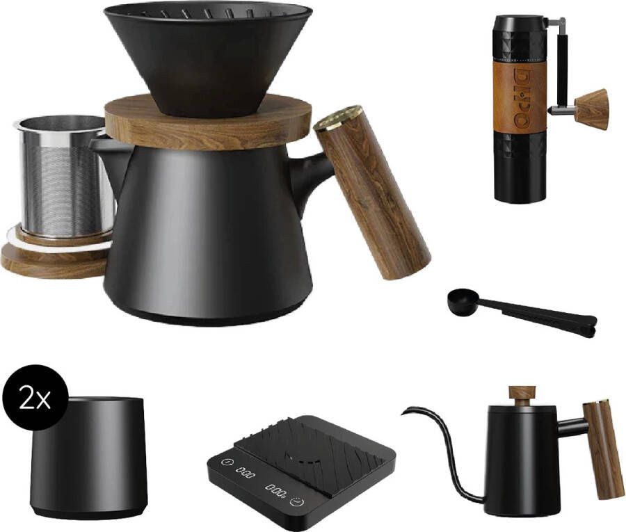 DHPO Koffie Set Aurora XL Zwart H17 x Ø10 Hooggebakken Keramiek RVS Dubbelwandig Druppelloze tuit Verse Koffiemaker Cafetiere Percolator Zet 3 kopjes verse koffie Cadeauset Inclusief Reiskoffer