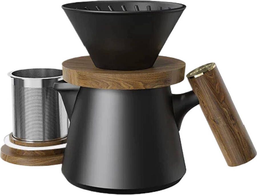 DHPO Koffie Set Aurora Zwart H17 x Ø10 Hooggebakken Keramiek RVS Dubbelwandig Druppelloze tuit Verse Koffiemaker Cafetiere Percolator Zet 3 kopjes verse koffie Cadeauset