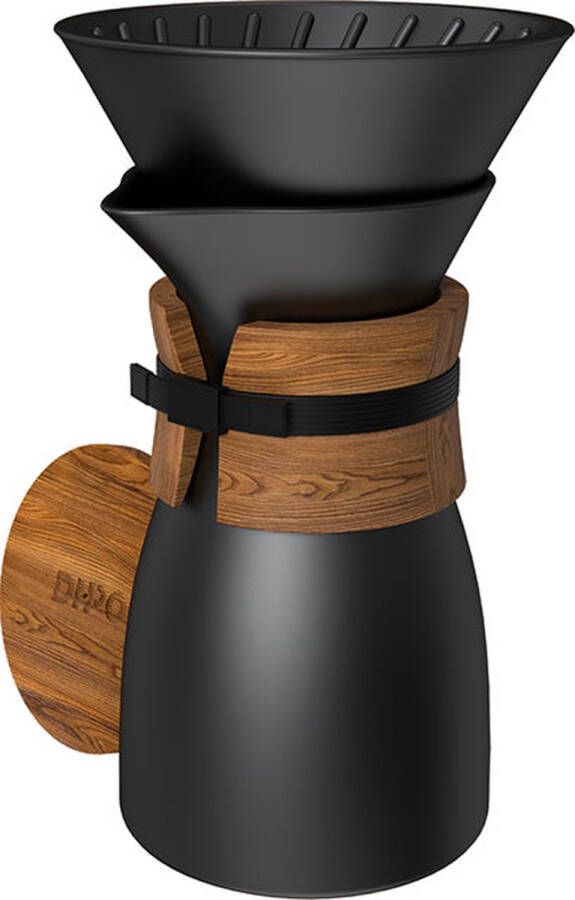 DHPO Pour Over Aurora 600ML Zwart H18 x Ø10 Hooggebakken Keramiek Dubbelwandig Verse Koffiemaker Cafetiere Percolator Koffiefilter Met Lederen Sleeve Zet 3 kopjes verse koffie