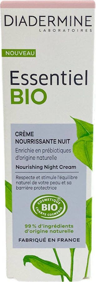 Diadermine Essentiel Bio Crème Visage Nourrissante Nuit Enrichie en Prébiotiques d'Origine Naturelle Certifiée Bio 99% d'ingrédients d'origine naturelle Contenant de 50 ml