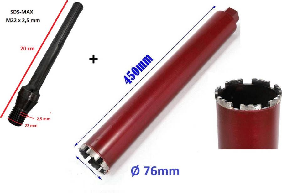 Diamant Core CT Industrie SDS-Max + Kernboor diamantboor betonboor Ø 76mm x 450mm gatenboor diamantboorkroon diamant boor kernboormachine airco boorkroon aansluiting boormachine M22 x 2 5mm schroefdraad binnendraads