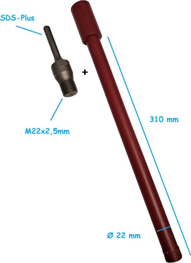 Diamantcore Diamantboor & SDS-Plus adapter Diamant boor dia 22 x 310mm voor nat en droog boorwerk M22 x 2 5mm