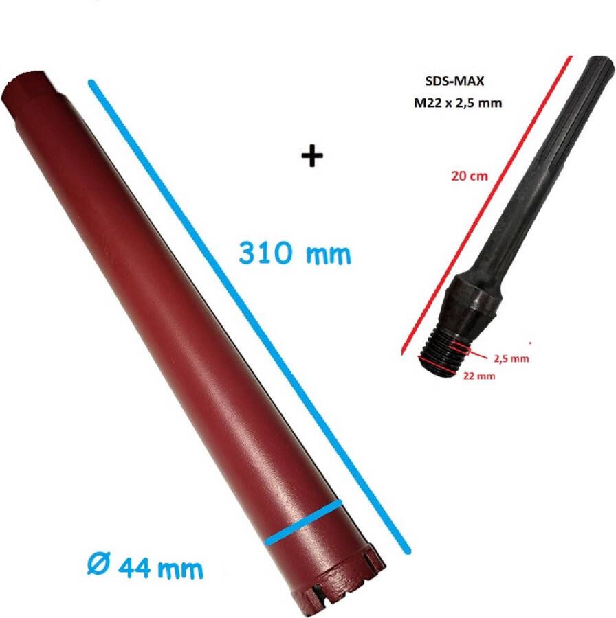 Diamantcore Diamantboor + SDS-Max adapter Diamant boor dia Ø 44mm x 310mm voor nat en droog boorwerk M22 x 2 5mm