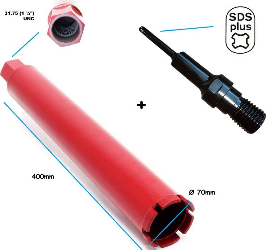 Diamantcore SDS-Plus Adapter + diamantboor betonboor Ø70 x 400mm gatenboor kernboor diamantboorkroon diamant boor kernboormachine airco boorkroon aansluiting boormachine 1-1 4'' UNC schroefdraad