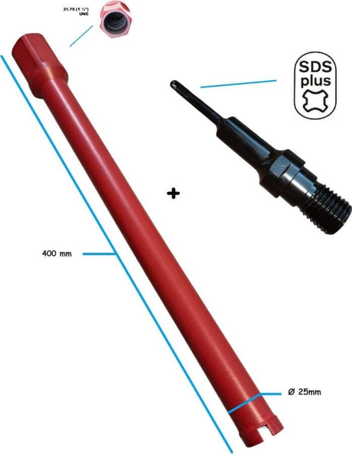 Diamantcore SDS-Plus Adapter + diamantboor betonboor dia Ø25mm x 375mm gatenboor kernboor diamantboorkroon diamant boor kernboormachine airco boorkroon aansluiting boormachine 1-1 4'' UNC schroefdraad
