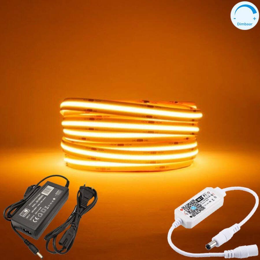 DiamantLED LED Strip COB 5 Meter Complete Set 2200k Amber Goud Licht- 320LED m Met App Wi-Fi controller