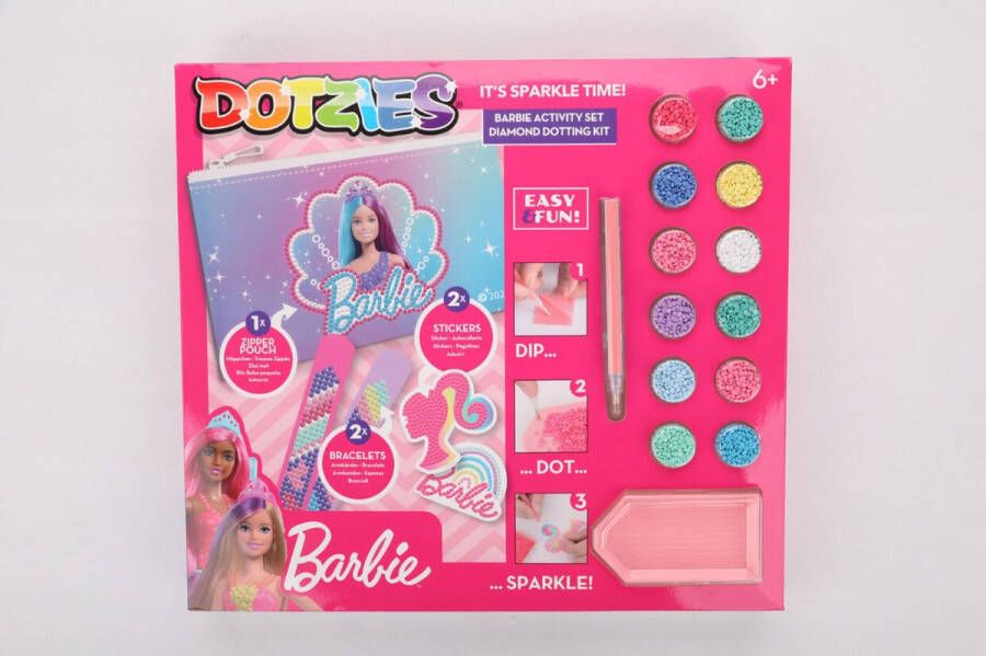 DIAMOND DOTZ DIAMOND DOTZ Barbie Megapack DOTZIES 5-delig Diamond Painting 1 Etui 2 Armbandjes 21 x 2cm 2 Stickers 1.339 Dotz Complete DIY Set Voor Kinderen Vanaf 6 Jaar Roze