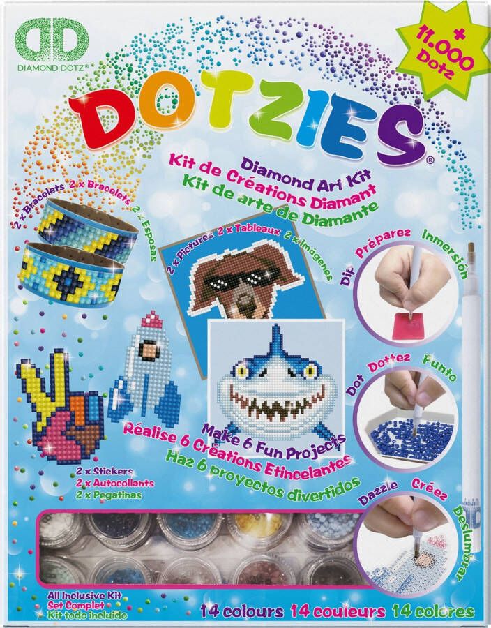 DIAMOND DOTZ DIAMOND DOTZ Megapack DOTZIES 6-delig Diamond Painting 2 Foto's 15 x 15 cm 2 Armbandjes 2 Stickers 11.000+ Dotz Complete DIY Set Voor Kinderen Vanaf 8 Jaar Blauw