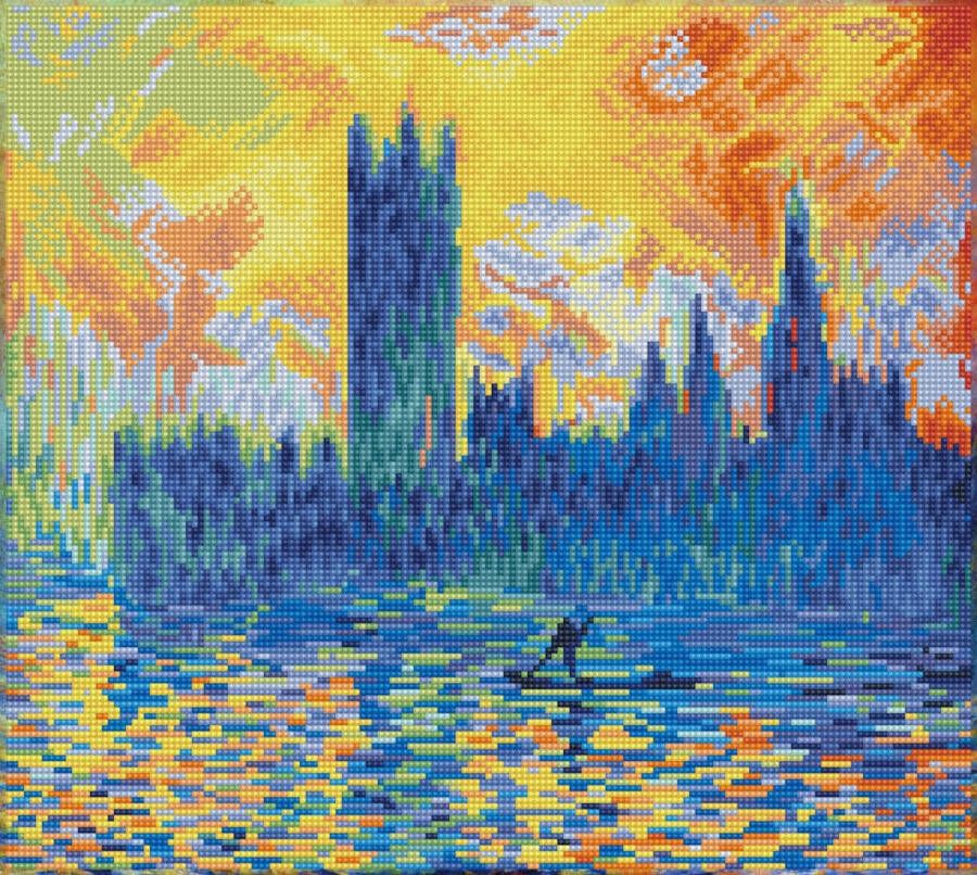 DIAMOND DOTZ Diamond Painting Volwassenen Ronde Steentjes Volledig Pakket Hobby DD10.038 Londen parlement in de winter (Monet) 46 x 41cm