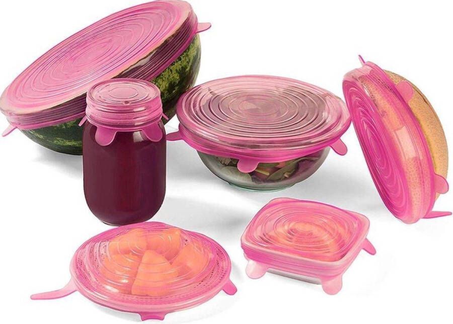 Diamondheart Siliconen Deksels 6 stuks Tot 30% uitrekbaar roze vershoud deksel vershoudfolie voedsel vers houden pandeksel