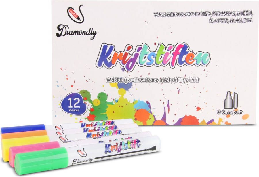Diamondly Krijtstiften Set van 12 (Incl. 2 Metallic Kleuren) 6mm stiften Raamstiften – Whiteboard & Porselein Stiften Marker – Glasstiften voor Kinderen Volwassenen – Krijtstift voor Krijtbord