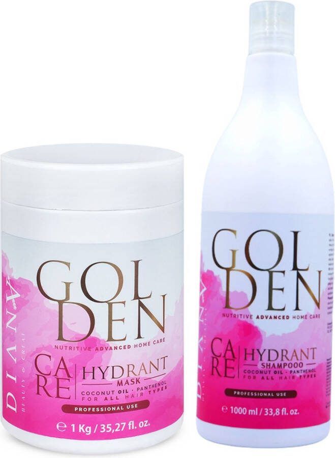 Diana Beauty & Creative Golden Protein keratine pakket 1000 ml shampoo + 1000ml haarmasker Voor thuiszorg na een proteïne keratine haar straightening behandeling zonder parabenen sulfaten en siliconen voor Optimale Hydratatie en Anti-Frizz