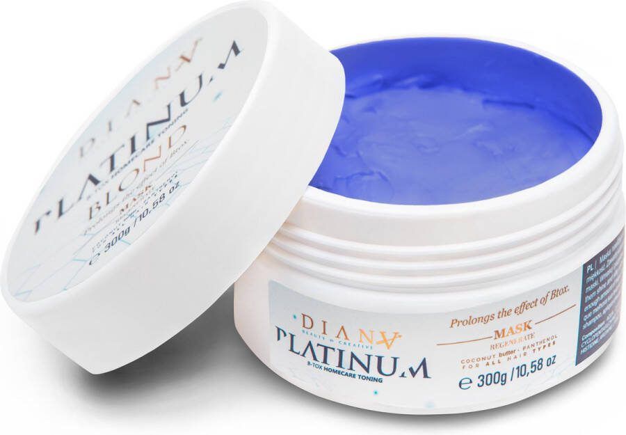 Diana Beauty & Creative Platinum haarmasker 300g voor thuiszorg na de behandeling haar botox 'No Yellow' Systeem zonder parabenen sulfaten en siliconen Intense Hydratatie en Anti-Frizz voor Blond Haar met Kokosolie en Panthenol Geschikt voor Alle Haartypes