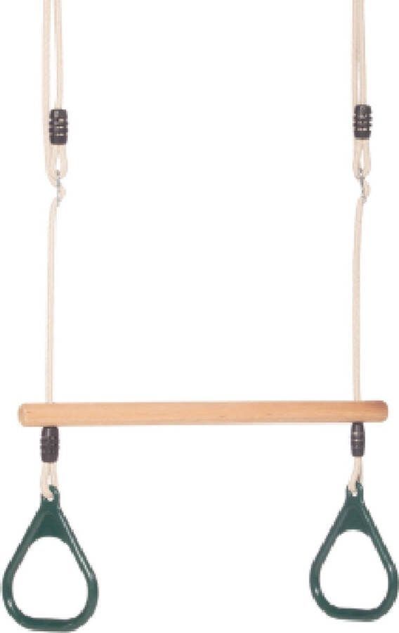 Dice houten trapeze met kunststof ringen groen beige touw