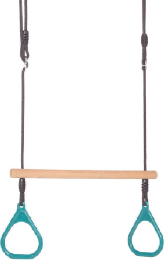 Dice houten trapeze met kunststof ringen turquoise zwart touw