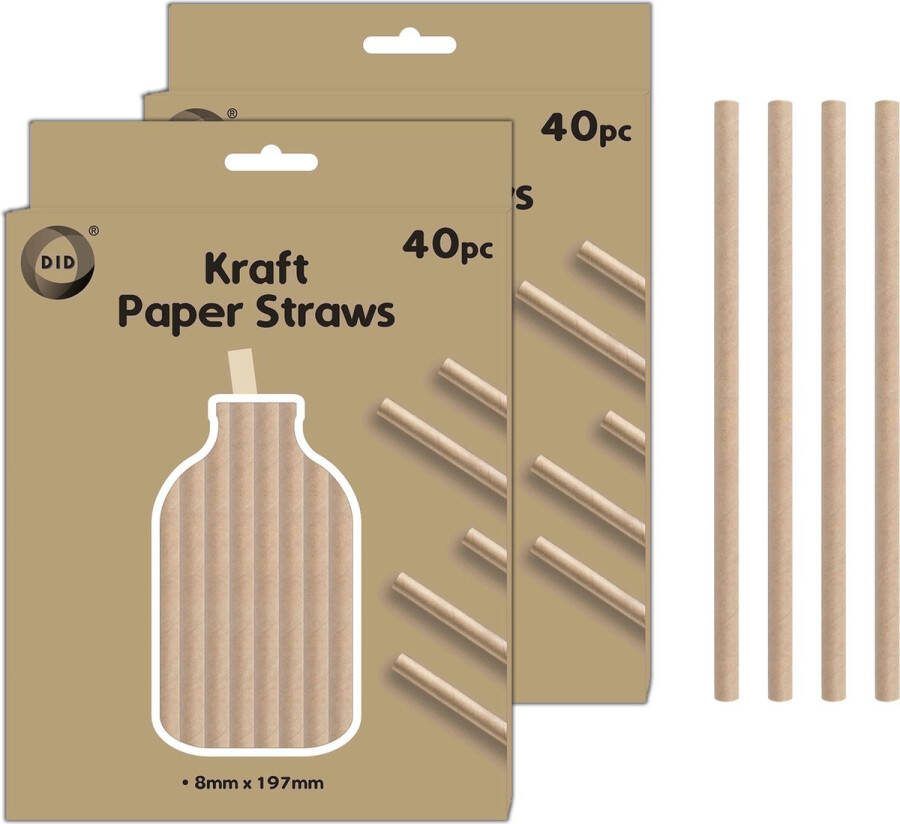 DID Kraftpapier rietjes 80x stuks naturel 20cm x 0.8cm drinkrietjes wegwerprietjes