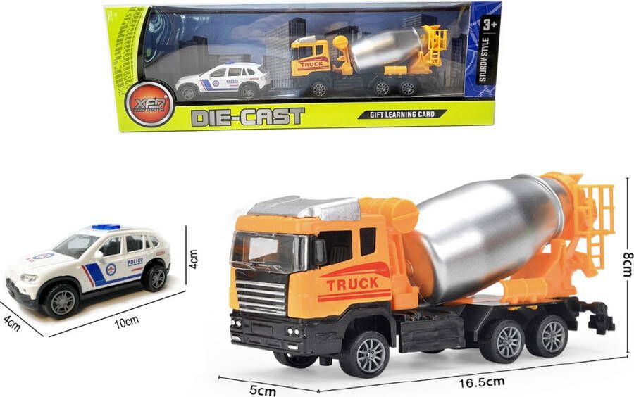Die Cast Mixer vrachtwagen + politieauto speelgoed set voertuigen Gift pack 2 stuks pull-back drive