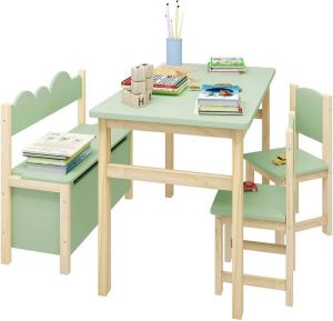 Diferza™ Kindertafel met 2 stoeltjes & opbergbankje van hout voor kinderen Speeltafel Kinderzetel