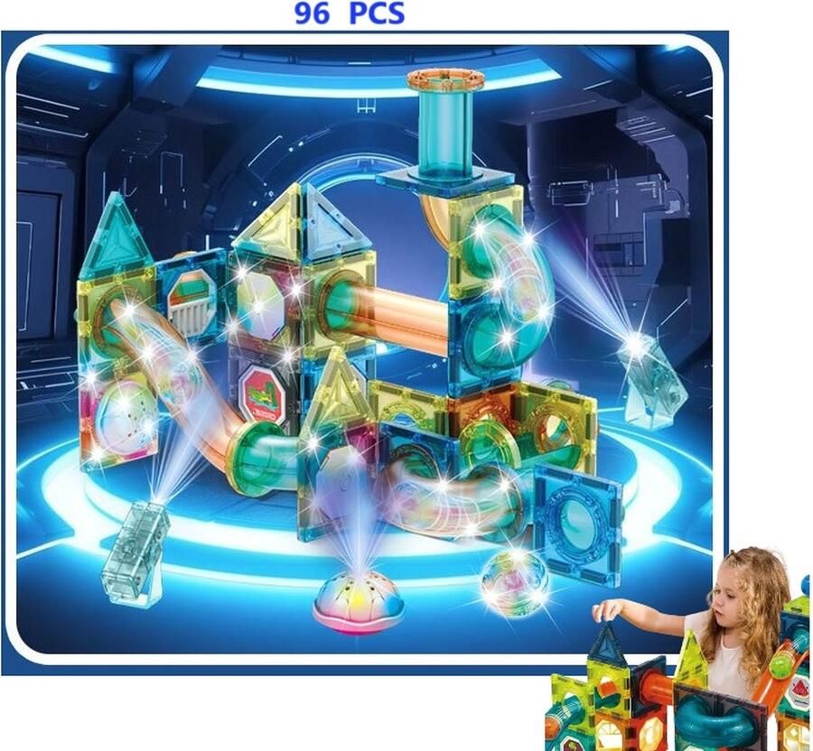 DIGE Nieuwe Licht Magnetische Blokken met Verlichting 96 Stuks met glijbaan & ballen- 3D Magnetisch Spoor Speelgoed voor Kinderen Montessori Puzzelblokken Educatief Geschenk Bouwset Voor Jongens en Meisjes 3 Jaar +