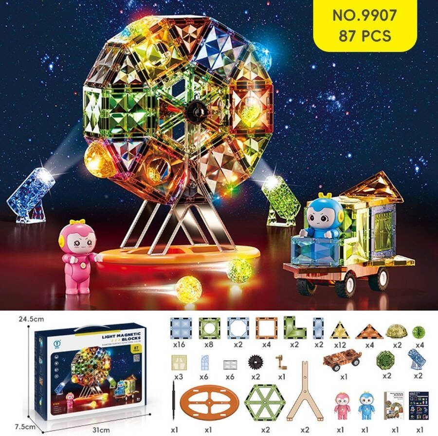 DIGE Nieuwe Licht Magnetische Blokken met Verlichting 87 Stuks -roterend reuzenrad- 3D Magnetisch Spoor Speelgoed voor Kinderen Montessori Puzzelblokken Educatief Geschenk Bouwset Voor Jongens en Meisjes 3 Jaar +