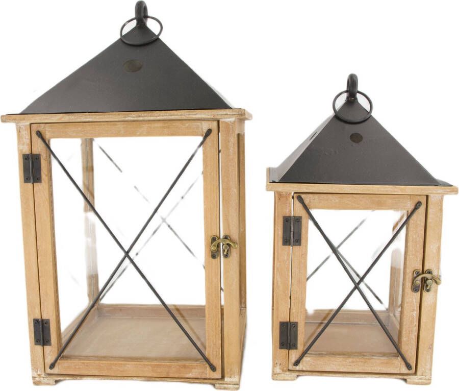 Dijk Natural Collections DKNC Lantaarn drijf hout met metaal 38x38x48cm Set van 2 FSC Natuurlijk