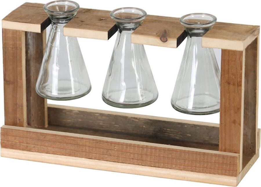 Dijk Natural Collections Vaasjes 3 stuks in houten houder 29.5x7.5x17cm glas en hout