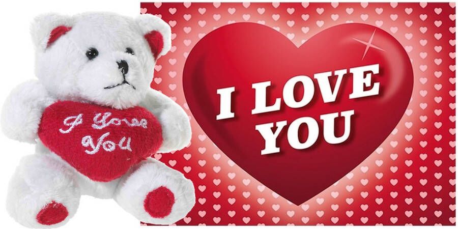 Dino Pluche knuffel Valentijn I Love You beertje 20 cm met hartjes wenskaart Knuffelberen
